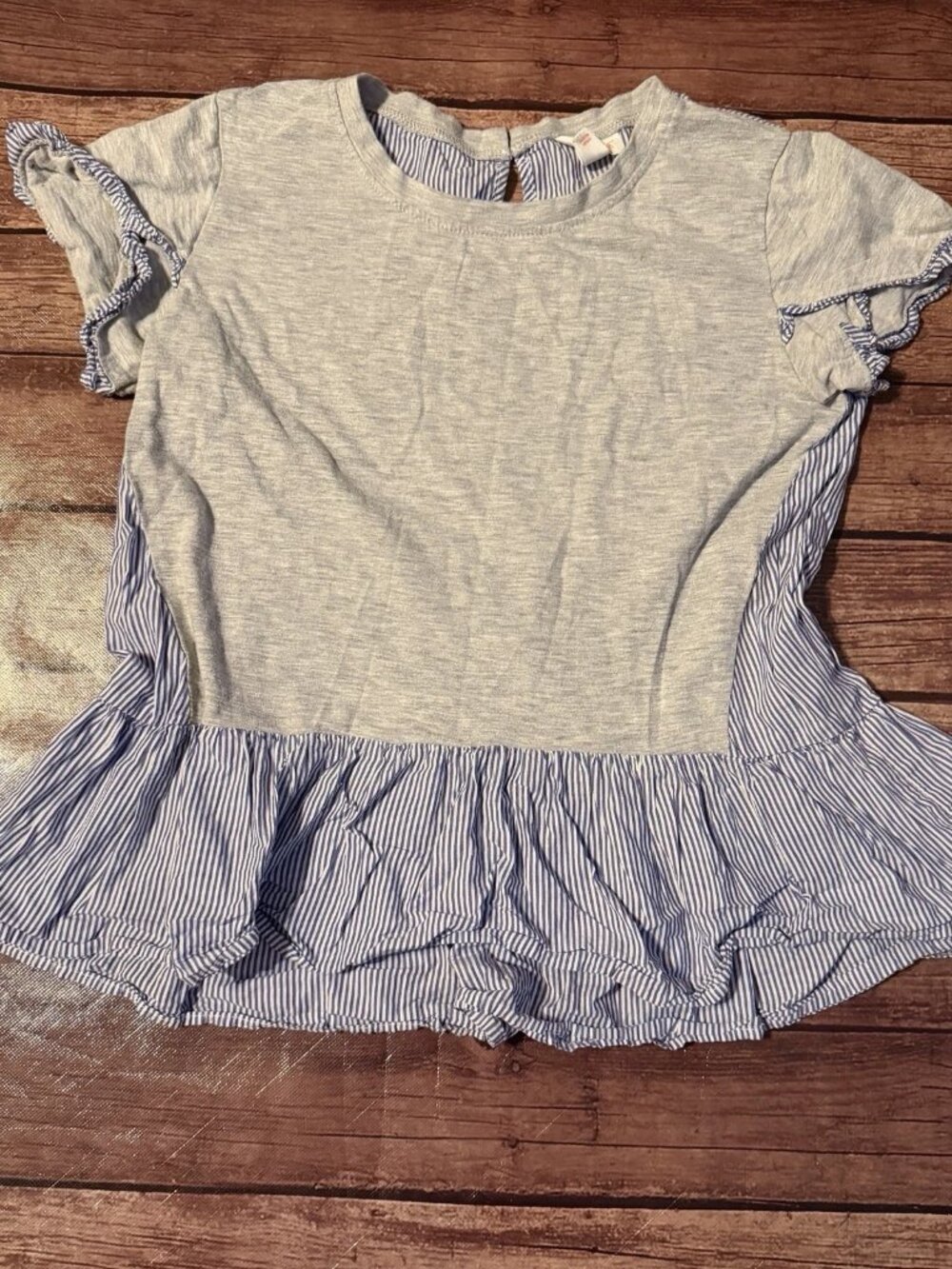 Girl’s Cat & Jack Gray Blue White Striped Peplum Top Shirt Large 10/12
